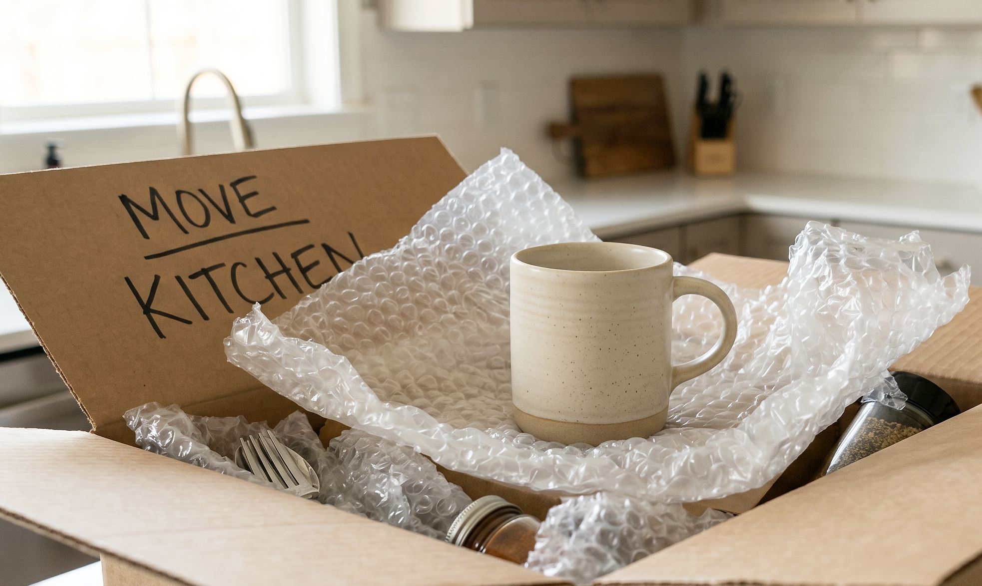 A mug rests on top of bubble wrap